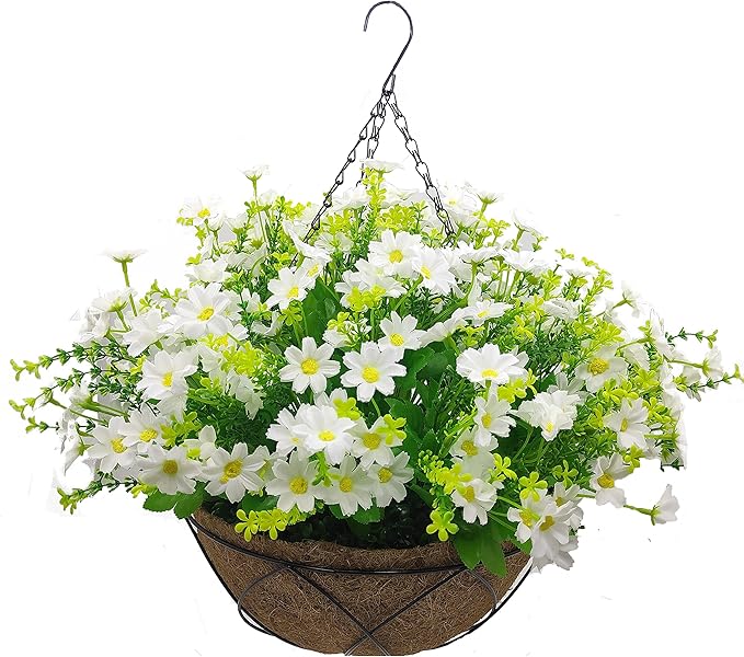 Artificial Hanging Flowers with Basket,Fake Daisy Flowers in 12 inch Coconut Lining Hanging Baskets for The Decoration of Courtyard, Indoors, and Outdoors(White)