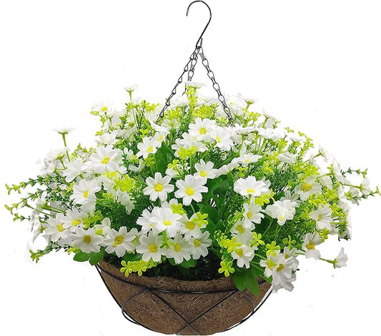 Artificial Hanging Flowers with Basket,Fake Daisy Flowers in 12 inch Coconut Lining Hanging Baskets for The Decoration of Courtyard, Indoors, and Outdoors(White)
