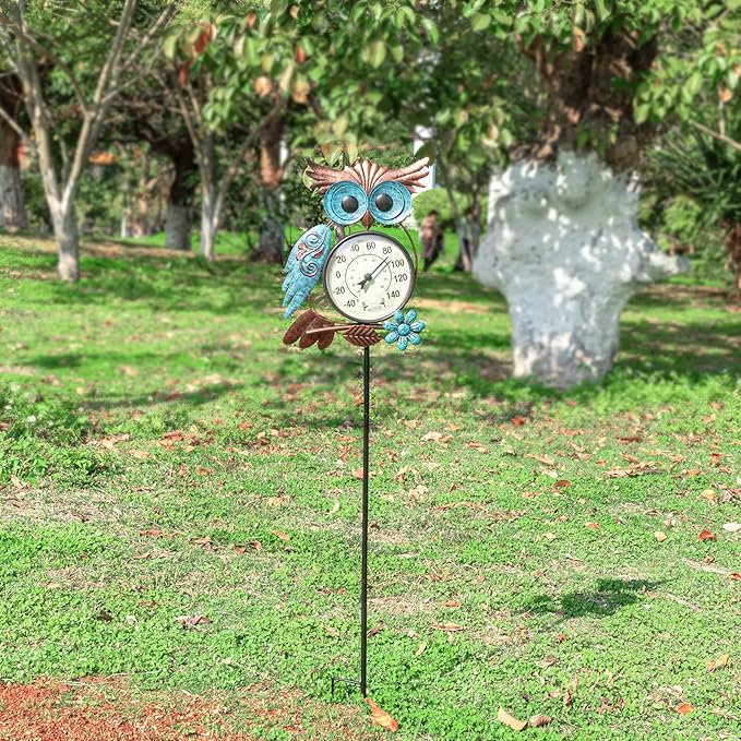 MUMTOP Outdoor Thermometer, 42 Inch Metal Owl Garden Stake Outside Wall Thermometer for Patio, Yard and Garden