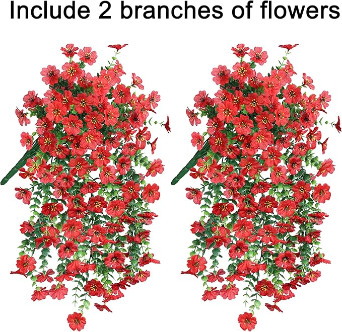 HyeFlora Artificial Hanging Flowers for Outdoors Decoration, 2Pcs Red Fake Spring Summer Decor, Realistic Plants, UV & Fading Resistant Flower for Porch Patio Balcony Planter Yard Home Garland