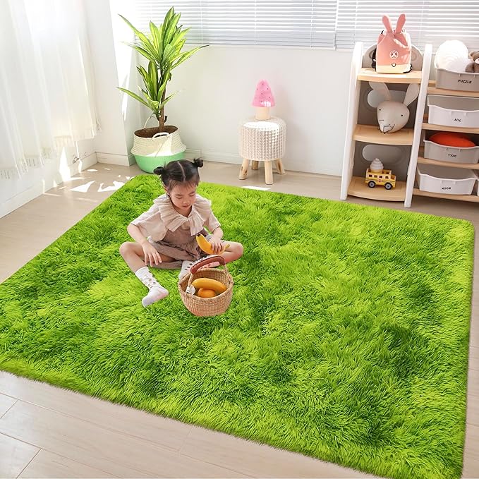 Green Tie-Dyed Rug for Bedroom 4x6 Fluffy Area Rug Mat Bedside Throw Rug for Living Room Kids Room Boys Teens Nursery Baby Dorm Office Home Decor Aesthetic Carpets