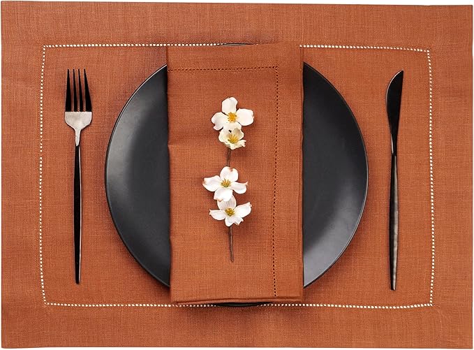D'Moksha Homes Rust Linen Placemats Set of 4 - Classic Hemstitch Placemats 14 x 19 Inch - 100% Pure Linen Table Mats for Fall, Halloween - Handcrafted and Machine Washable