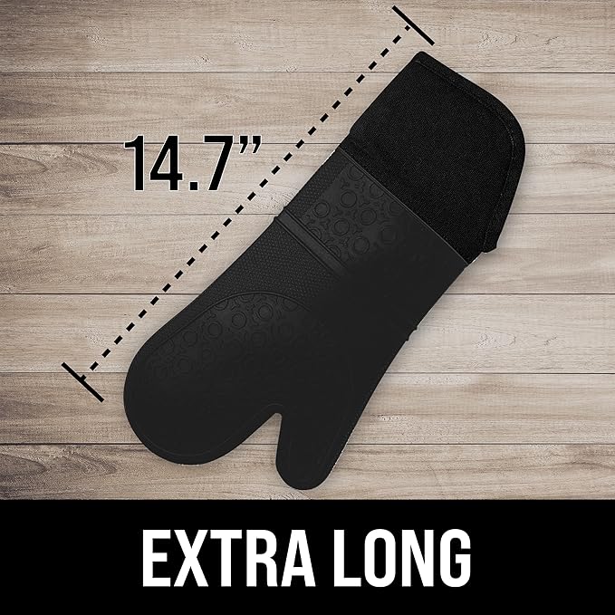 BPA-Free Silicone Oven Mitts Ultra Heat Resistant up to 500°F - Oven Mitts with Thick Cotton Liner - Long Slip Resistant Pot Holders, Flexible Oven Gloves - Black 14.7
