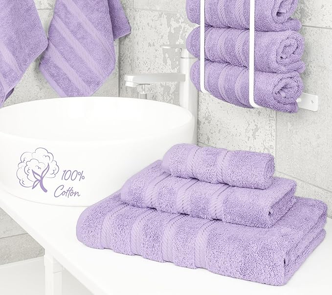 American Soft Linen Premium 3 Piece Towel Set, 1 Bath Towel 1 Hand Towel 1 Washcloth, 600 GSM 100% Cotton Turkish Towels for Bathroom, Lilac Towel Set