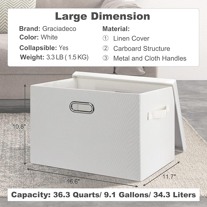 Large 17" 36 Quart Collapsible Stackable Storage Bins with Lids, 3 Packs White Linen Fabric Closet Boxes with Lids, Storage Cube Baskets Container Organizers for Bedroom Office(17 x12 x11)
