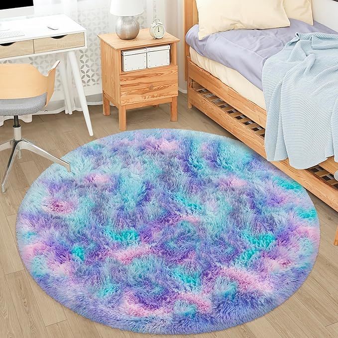 4x4 ft Tie Dye Rainbow Round Rug for Bedroom Room Fluffy Circle Rug Furry Carpet Shaggy Circular Fuzzy Washable Non-Slip Large Area Rug Soft Indoor for Living Room Cute Aesthetic Home Decor