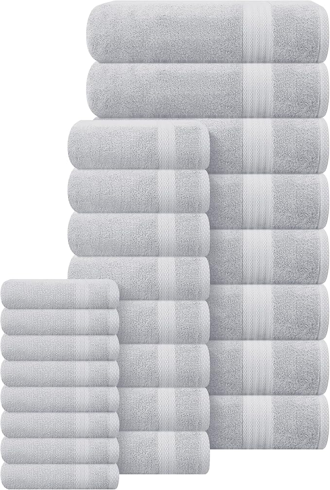GLAMBURG Ultra Soft 24-Piece Towel Set - 100% Pure Ringspun Cotton, Contains 8 Oversized Bath Towels 27x54, 8 Hand Towels 16x28, 8 Wash Cloths 13x13 - Ideal for Everyday use, Hotel & Spa - Light Grey