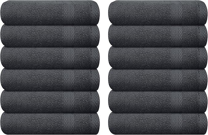 GLAMBURG Ultra Soft 12-Piece Washcloths Set 13x13-100% Ringspun Cotton - Durable & Highly Absorbent Face Towels - Ideal for use in Bathroom, Kitchen, Gym, Spa & General Cleaning - Charcoal Grey