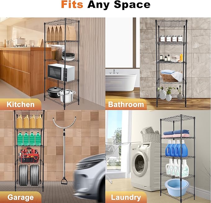 Whitmor 5 Tier Storage Shelves, Heavy Duty Metal Shelving, 400 lbs Capacity per Shelf, 2000 lbs Total, Easy Assembly for Kitchen, Garage, Plant, 18" L x 12" W x 50" H, Black