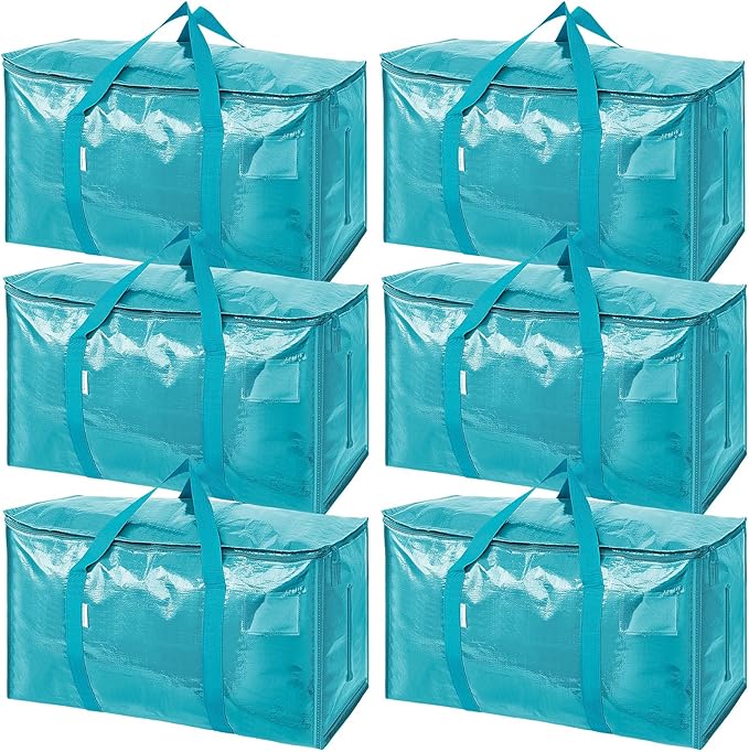 TICONN 6 Pack Extra Large Moving Bags with Zippers & Carrying Handles, Heavy-Duty Storage Tote Moving Boxes for Space Saving (6 Pack, Aqua)