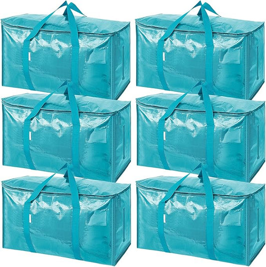 TICONN 6 Pack Extra Large Moving Bags with Zippers & Carrying Handles, Heavy-Duty Storage Tote Moving Boxes for Space Saving (6 Pack, Aqua)