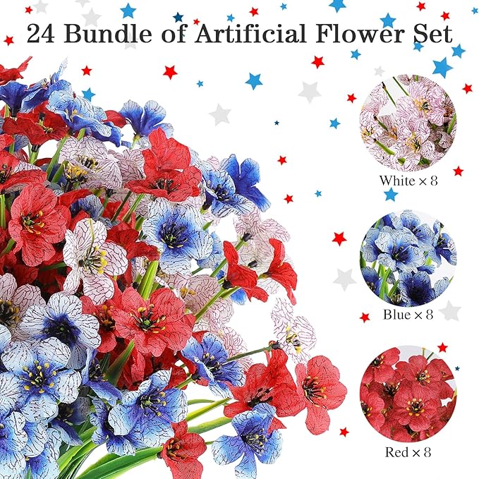 AGIRL 24 Bundles Artificial Flowers for Outdoor,No Fade Fake Plastic Flowers for Garden Porch Window Box Home,Red White Blue Faux Plants for 4th of July Memorial Day Independence Day Patriotic Decor
