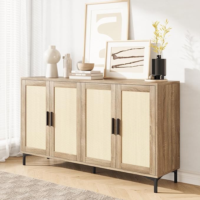 Sideboard - Kitchen Buffet Cabinet with Rattan Decorated Doors, Accent Cabinets with Doors, Coffee Bar Cabinets Rattan Sideboard Buffet Cabinet with Storage (Natural with 4 Doors)