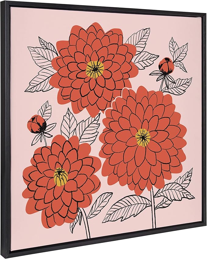 Kate and Laurel Sylvie Sketchy Dahlias Framed Canvas Wall Art by Maria Filar, 24x24 Black, Chic Floral Art for Wall