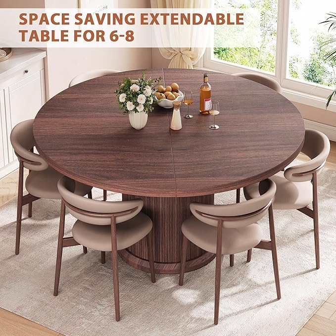 Dining Table for 4-6,63“Extendable Round Kitchen Dining Room Table with 2-Tier Storage Shelf, Space Saving Expandable Wood Oval Circle Dinner Furniture with Pedestal Base (Brown)