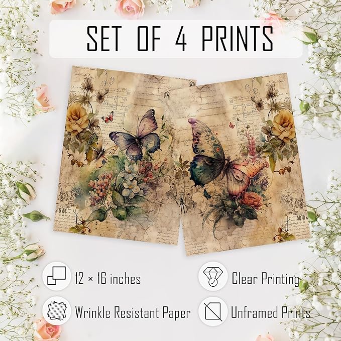 HRQKO Vintage Retro Butterfly Flower Wall Art Poster Prints Set of 4, Butterfly Floral Pictures Artwork Printing Posters Wall Decor, Blossom Botanical Prints for Bathroom Living Room 12”x16”