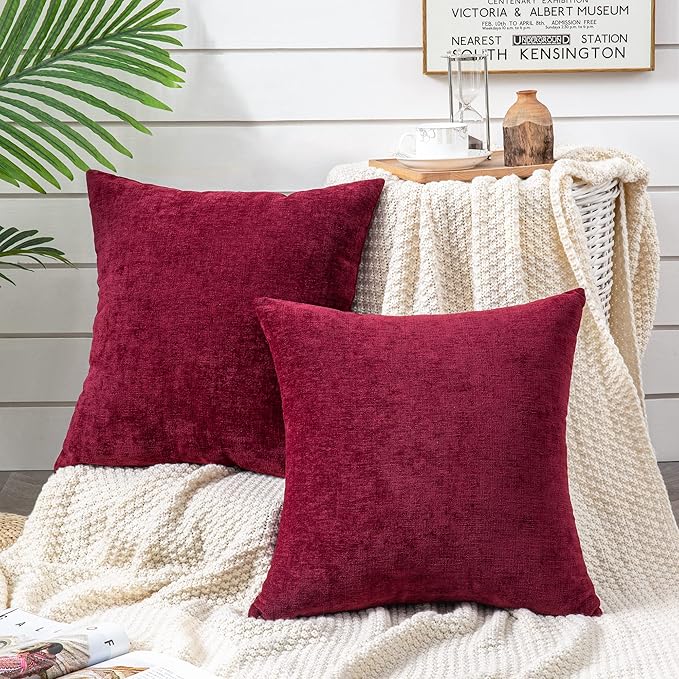GAWAMAY Decorative Chenille Throw Pillow Covers 24x24 Inch Pack of 2, Soft Square Couch Pillow Cover for Sofa Cushion Living Room Bedroom Pillowcases Burgundy Red 60x60cm (ONLY Covers)