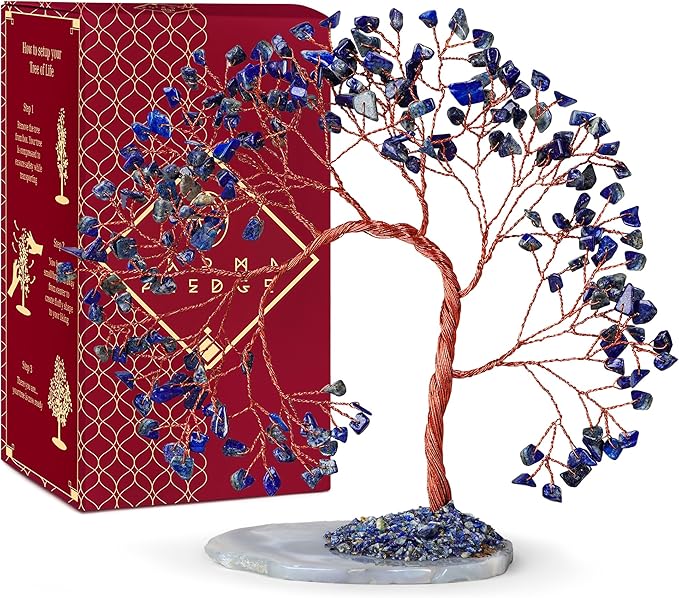 Lapis Lazuli Healing Crystal Tree of Life for Home and Office Decor, Positive Energy, Wealth, Good Luck, Reiki Healing Crystals and Stones, Handmade Feng Shui Decoration, Birthday Gifts for Women