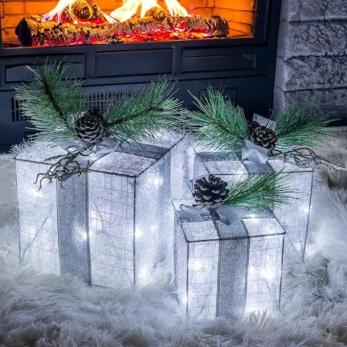 Hourleey Set of 3 Christmas Lighted Gift Boxes, Pre-lit 60 LED Light Up Present Boxes Ornament Outdoor White Tinsel Boxes Decoration for Indoor Christmas Home Yard Lawn Decor