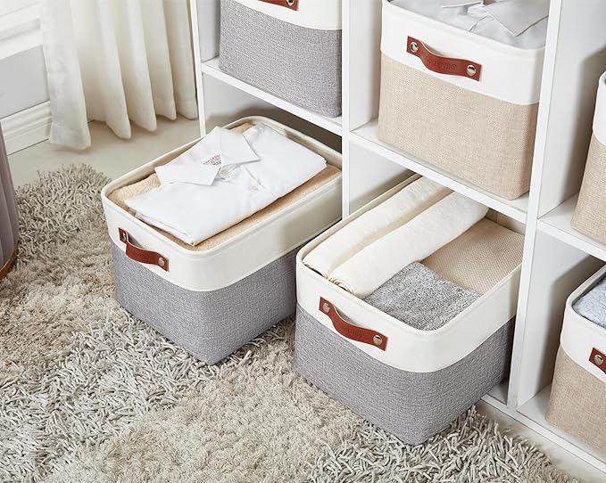 DECOMOMO Storage Bins | Fabric Storage Basket for Shelves for Organizing Closet Shelf Nursery Toy | Decorative Large Linen Closet Organizer Bins with Handles (White, Large - 3 Pack)
