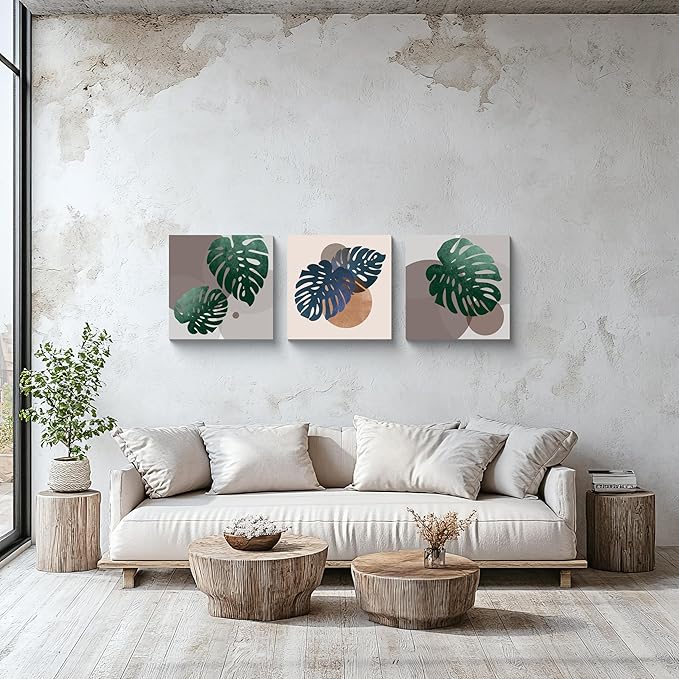 NAN Wind 3Pcs Tropical Leaf Wall Art Palm Frond and Foliage Canvas Print with Bold Orange Teal Yellow Shapes Mid-Century Modern Botanical Plant Pictures for Boho Living Room Bedroom Office Wall Decor