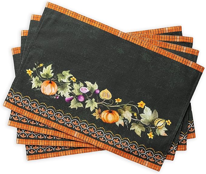 Maison d' Hermine Placemats Set of 4 100% Cotton Washable Cloth Place Mats, Reusable Table Mats for Kitchen Dining Decoration, Party, Wedding, Restaurant (Pumpkin Garden - Dark Green, 13" x 19")