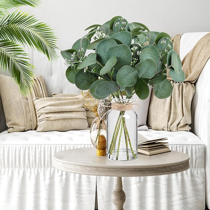 14" Artificial Eucalyptus Stems in Glass Vase with Faux Water, Realistic Eucalyptus Leaves Fake Plant Branch Greenery Decoration for Home Farmhouse Bathroom Kitchen Wedding Centerpiece Table Décor