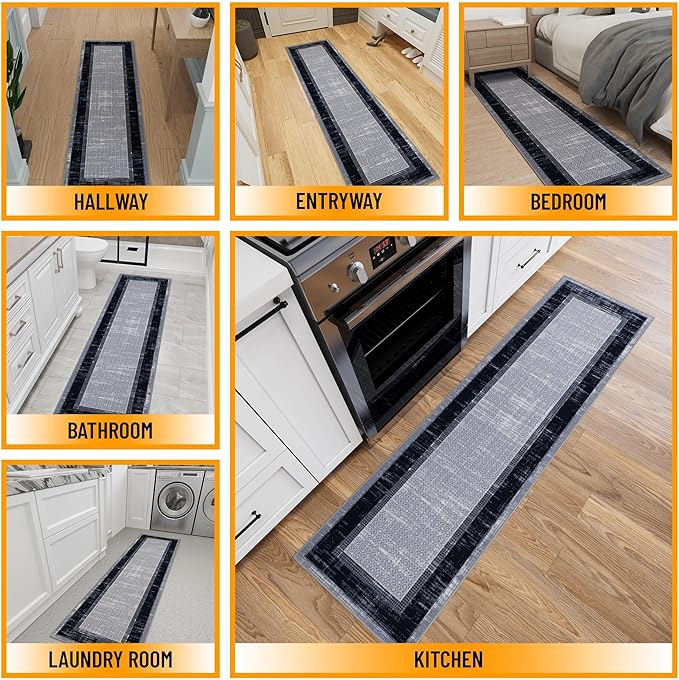 Ottomanson Hallway Runner Rug 1'10" x 7' Non Slip Border Area Rugs Easy to Clean Laundry Rug Runner Durable & Pet Friendly Floor Carpet Runners for Hallways Entryway Living Room Kitchen, Gray/Navy