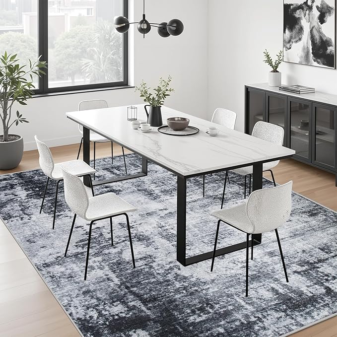 8x10 Area Rug Living Room Rug: Washable Modern Abstract Soft Thin Rug Indoor Floor No Slip Stain Resistant Carpet for Bedroom Dining Room Farmhouse Nursery Home Office - Dark Black