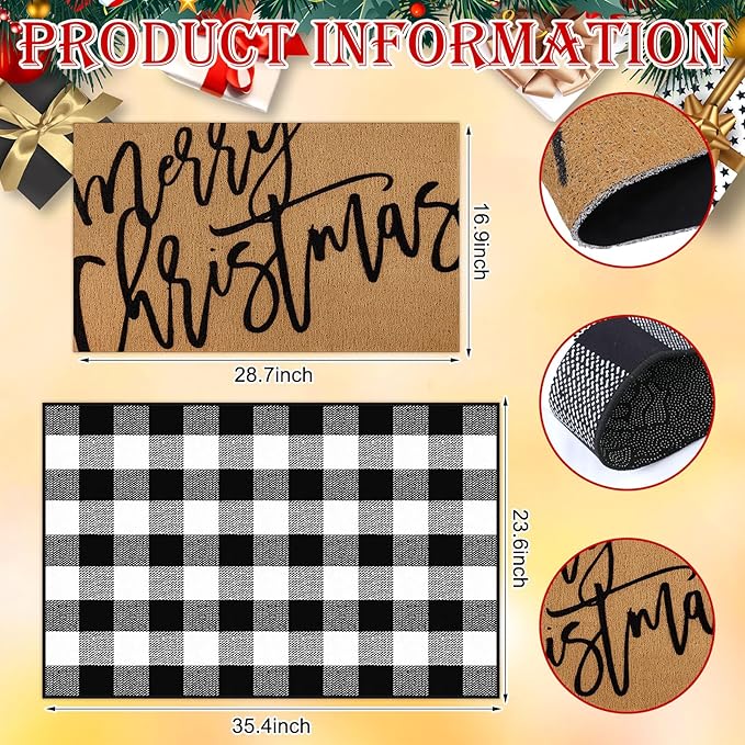 2 Pcs Merry Christmas Door Mat Xmas Welcome Non Slip Coir Mats Black White Buffalo Plaid Floor Layering Doormats Seasonal for Front Porch Entryway Decor(Merry Christmas)