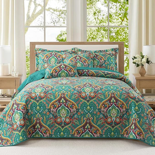 VAPUTAR Cotton King Quilt Bedding Set - 3Pieces Quilt King Size with Floral Pattern, Soft Lightweight Quilted King Size Bedspread (98*106 inch), Reversible Bedspread Coverlet Suitable for All Season
