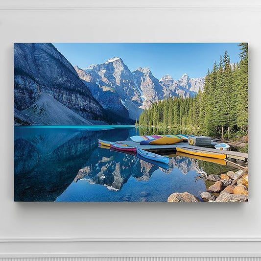 Renditions Gallery Nature Home Decor for Home Banff Canoe Docked along side Mountain Lake Canvas Hanging Artwork for Bedroom Living Room Office Wall - 24"X36" LT08