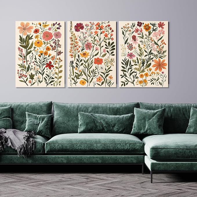 UCRAASDEB Framed Colorful Wildflowers Canvas Wall Art Set of 3 Neutral Vintage Floral Pictures Poster Farmhouse Boho Botanical Painting Prints for Living Room Nursery Bedroom 16'' x 12''