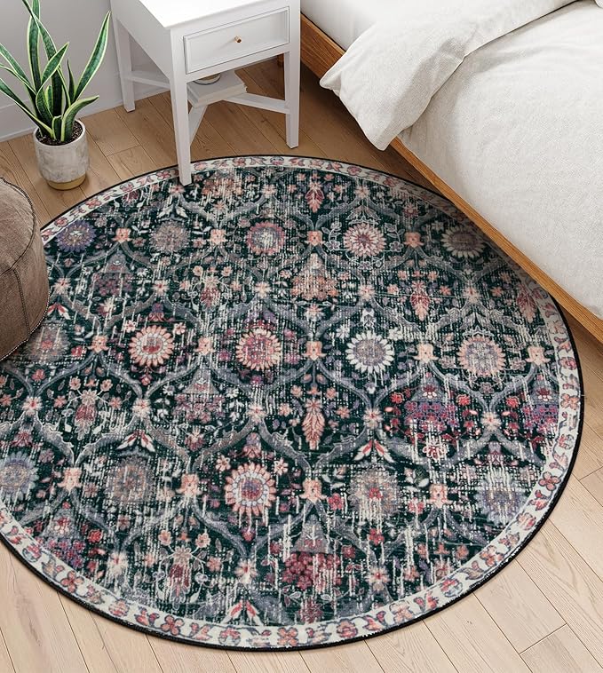Lahome Moroccan Trellis Washable Round Area Rug, Round Rug 5ft Soft Non-Slip, Non-Shedding Distressed Circle Carpet for Bedroom Living Room Bathroom Nursery Kitchen, Black/Multi