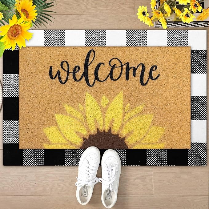 2 Pcs Fall Door Mat Sunflower Welcome Non Slip Coir Mats Autumn Floral Buffalo Plaid Floor Layering Doormats for Home Front Door Porch Entryway Decor