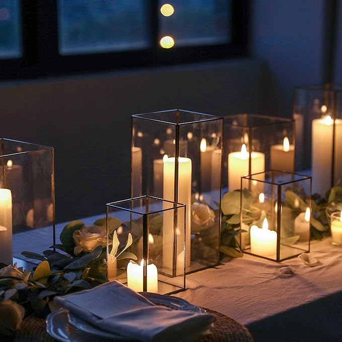 Set of 3 Square Glass Hurricane Candle Holders, Clear Glass Framed in Black-Finish Brass, Great for Home Decor and Wedding,Holiday Decor.