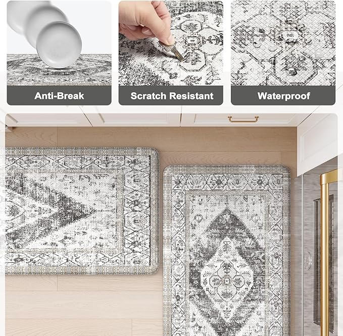 KIMODE Kitchen Mat for Floor Anti Fatigue Cushioned, 20"x59"+20"x32" Boho Oriental Kitchen Runner Rug, Non Skid Padded Kitchen Floor Mat, Comfort Standing Desk Mats for Laundry Office Sink Grey