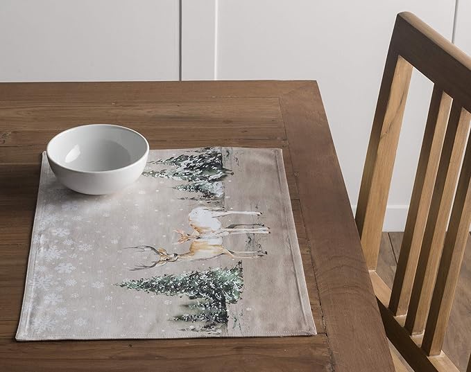 Maison d' Hermine Placemats Set of 4 100% Cotton Washable Cloth Place Mats, Reusable Table Mats for Kitchen Dining Decoration, Party, Wedding, Restaurant (Deer in The Woods, 13" x 19")