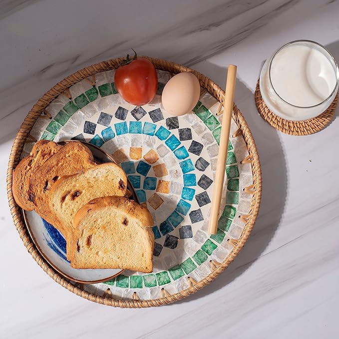 11.81" Decorative Round Mother Pearl Inlay Tray Rattan Wooden Base for Fruit Serving, Coffee Table Tray, Storage and Display Organizer (Colorful Square13.8)
