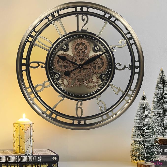 CLXEAST 28 Inch Large Moving Gear Wall Clock for Living Room Decor, Modern Farmhouse Wall Clock for Home Office,Brass Gold,House Warming Gifts New Home