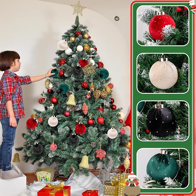 Christmas Tree Ornaments Set Velvet Balls, 12pcs Shatterproof Christmas Bulbs Ornaments for Xmas Tree Decorative Hanging, Vintage Flocked Decoration, 78mm, 3.1in, Multicolor Green Neutral Red Black