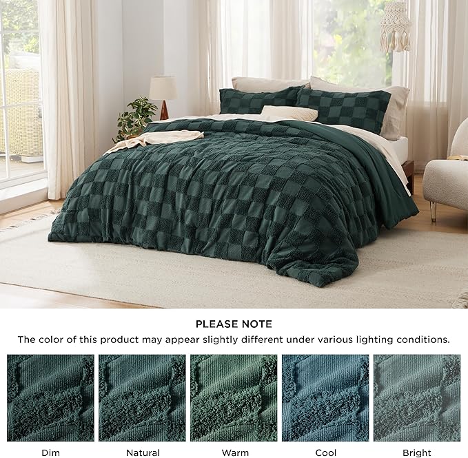 Bedsure Queen Size Comforter Set Emerald, Boho Tufted Bed Set, Checkered Farmhouse Shabby Chic Bedding, 3 Pieces, 1 Plaid Geometric Comforter and 2 Pillow Shams