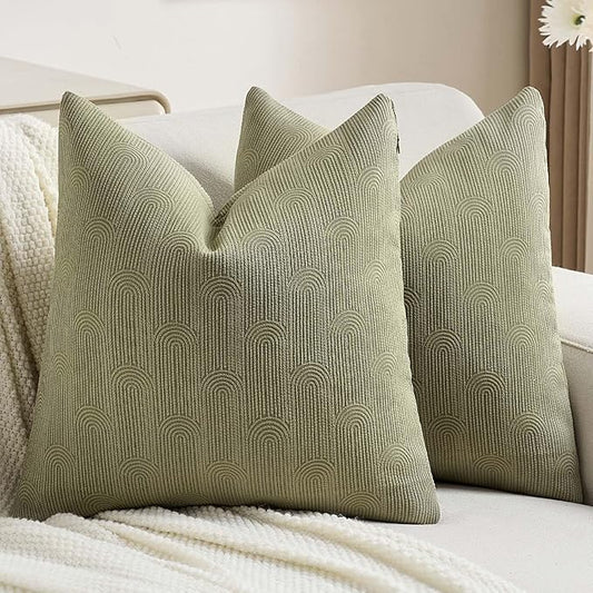 FUTEI Moss Green Chenille Decorative Throw Pillow Covers 24x24 Inch Set of 2,Soft Cozy Striped Geometric Patterns European Cushion Case,Modern Home Decor for Couch Bed Living Room