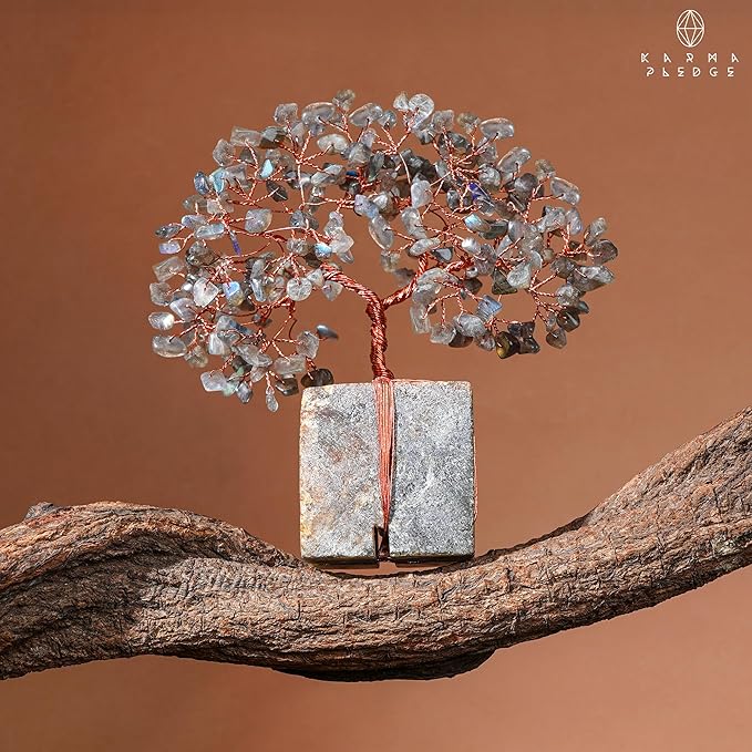Crystal Tree of Life Feng Shui Decor for Home and Office, Labradorite Chakra Healing Crystal Handmade Tree for Positive Energy, Money, Good Luck, Christmas Decor, Birthday Gifts for Women