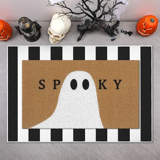 2 Pcs Halloween Doormat Spooky Ghost Outdoor Welcome Mats for Front Door Non Slip Ghost Coir Floor Mat Black White Stripe Halloween Rug for Outside Front Porch Entryway Decor
