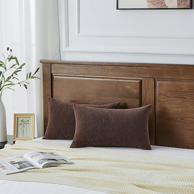 GAWAMAY Lumbar Decorative Throw Pillow Covers 12"x20" Inch Set of 2, Super Soft Chenille Rectangle Pillowcase for Living Room Bedroom Sofa Couch Cushion Support Pillow Cover 30x50cm Coffee (No Insert)