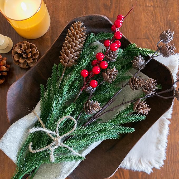 Artificial Christmas Norfolk Pine Stems Branches for Vases,17 Bundles Faux Pine Branches with Pinecones and Red Berries Branches,Fake Greenery Evergreen Real Touch for Holiday Winter Table Xmas Décor