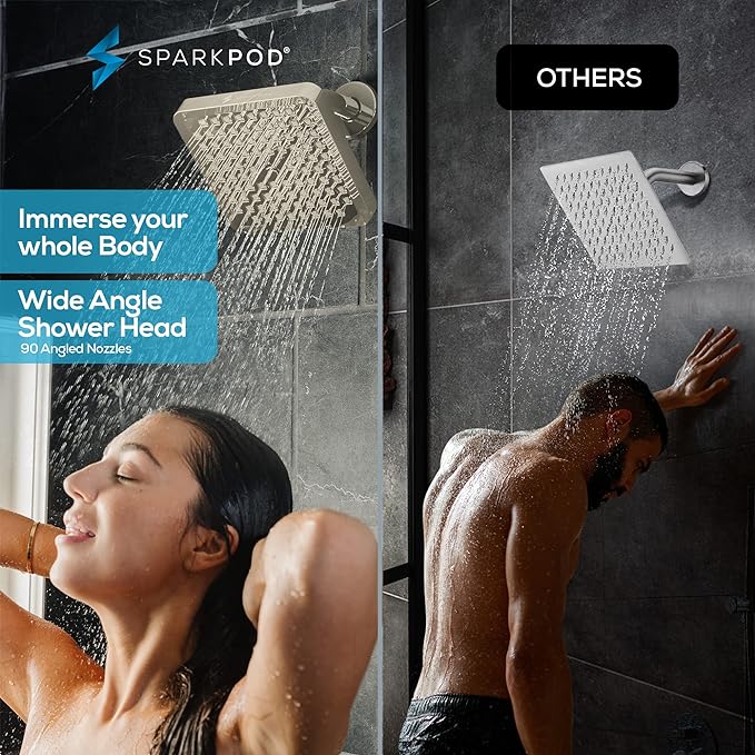 SparkPod Shower Head - High Pressure Rain - Premium Quality Luxury Design - 1-Min Install - Easy Clean Adjustable Replacement for Your Bathroom Shower Heads (Elegant Brushed Nickel, 8 Inch Square)