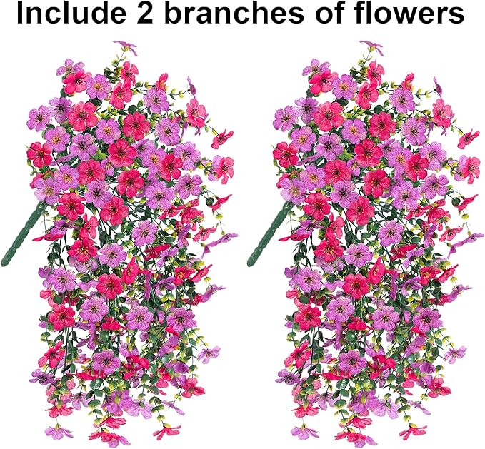 HyeFlora Artificial Flowers for Outdoors Fake Hanging Decoration, 2Pcs Purple and Hotpink Spring Decor, Realistic Plants, UV & Fading Resistant Silk Flower for Porch Patio Balcony Planter Yard