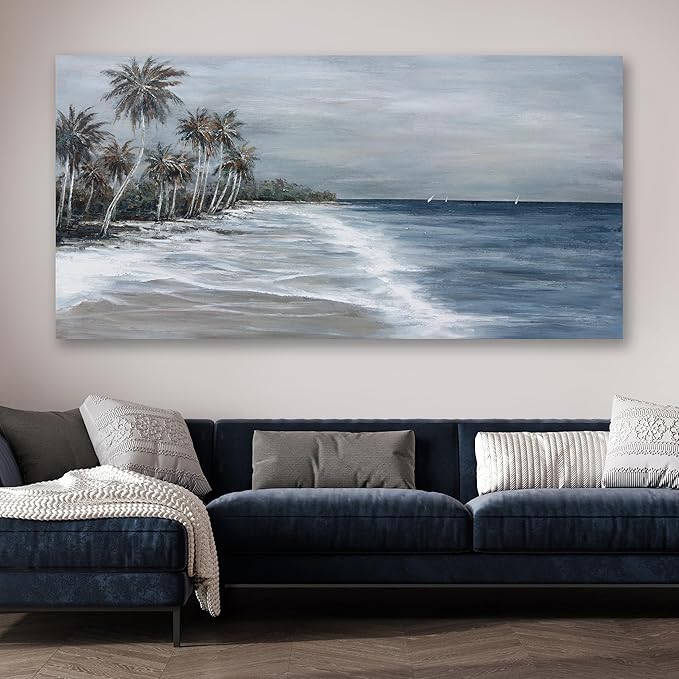 Coastal Wall Art Blue Gray Beach Wall Decor Landscape Abstract Canvas Painting Modern Ocean Artwork Framed for Living Room Bedroom Bathroom Office Decor 48"x24"Can Be Hung Directly